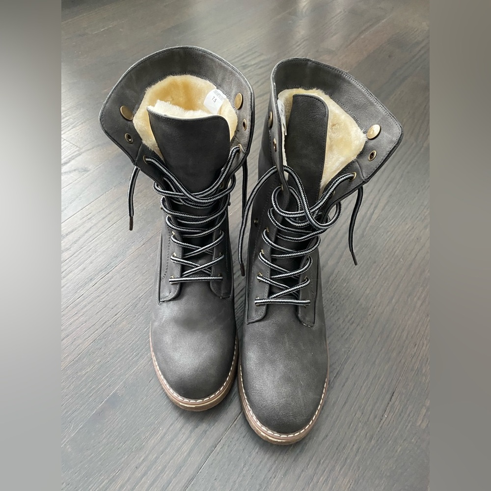 Cozy Up in Style with Once-Worn Gray Faux Fur Lined Boots!